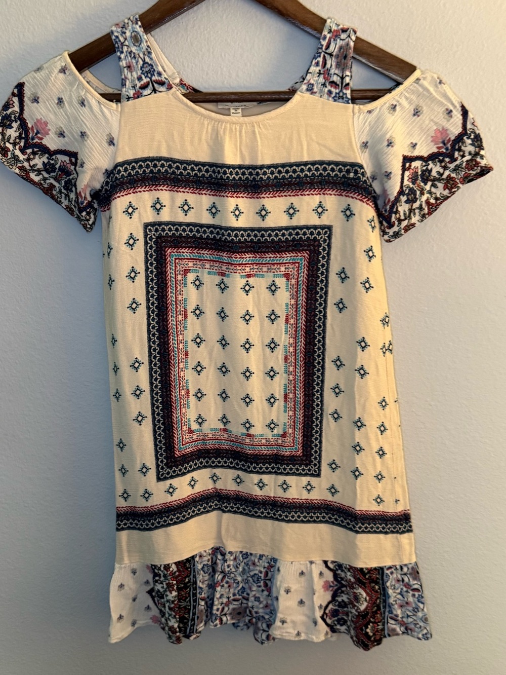 Monteau Cream Cold-Shoulder Dress with Navy & Pink Accents